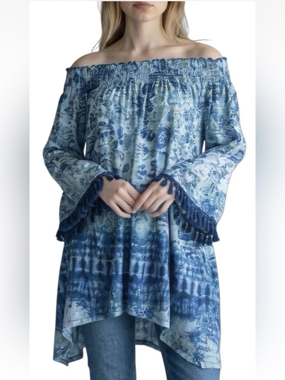 One World Off Shoulder Fringe Sleeve Tunic Top Wmns XL Boho Artsy Beachy Resort